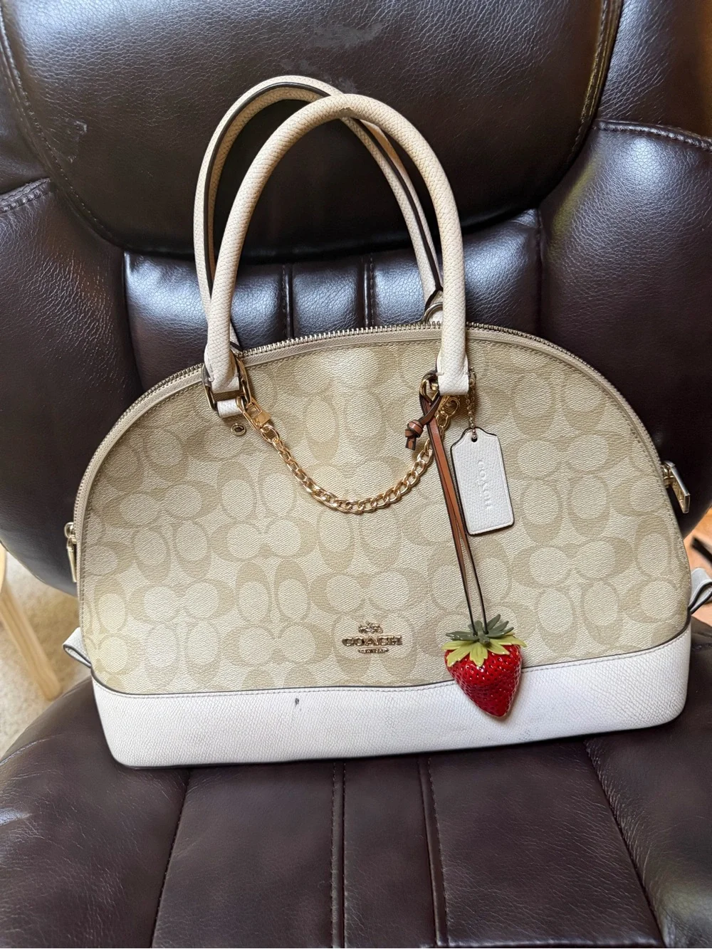 Coach Khaki and Chalk Dome Satchel with Strawberry Charm